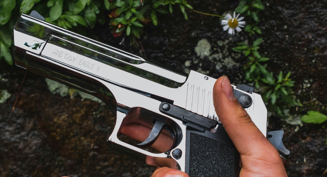 A hand holding a gun.