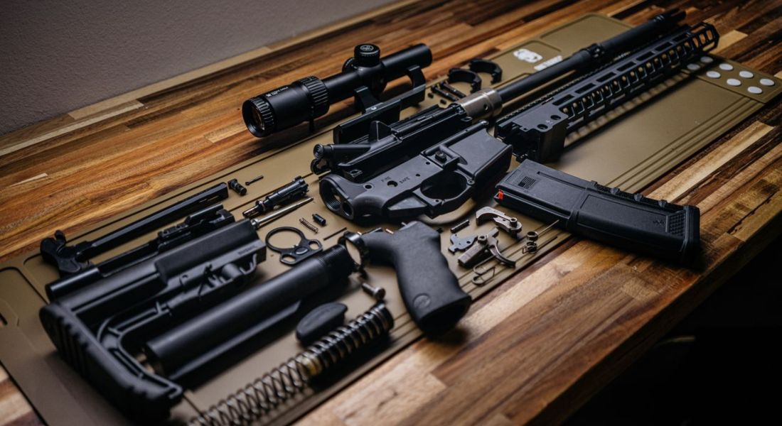disassembled ar15 rifle on wooden surface